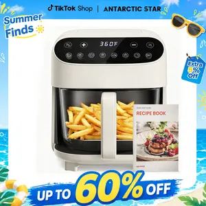 【SummerFinds】4.5-Qt Glass Air Fryer for Kitchen, Fryer with Basket - PFAS-Free, Dishwasher-Safe Basket, 8 Preset Touchscreen, 360° View Cooking, 3 to 4.99 L Capacity for Healthy Meals in Minutes - White