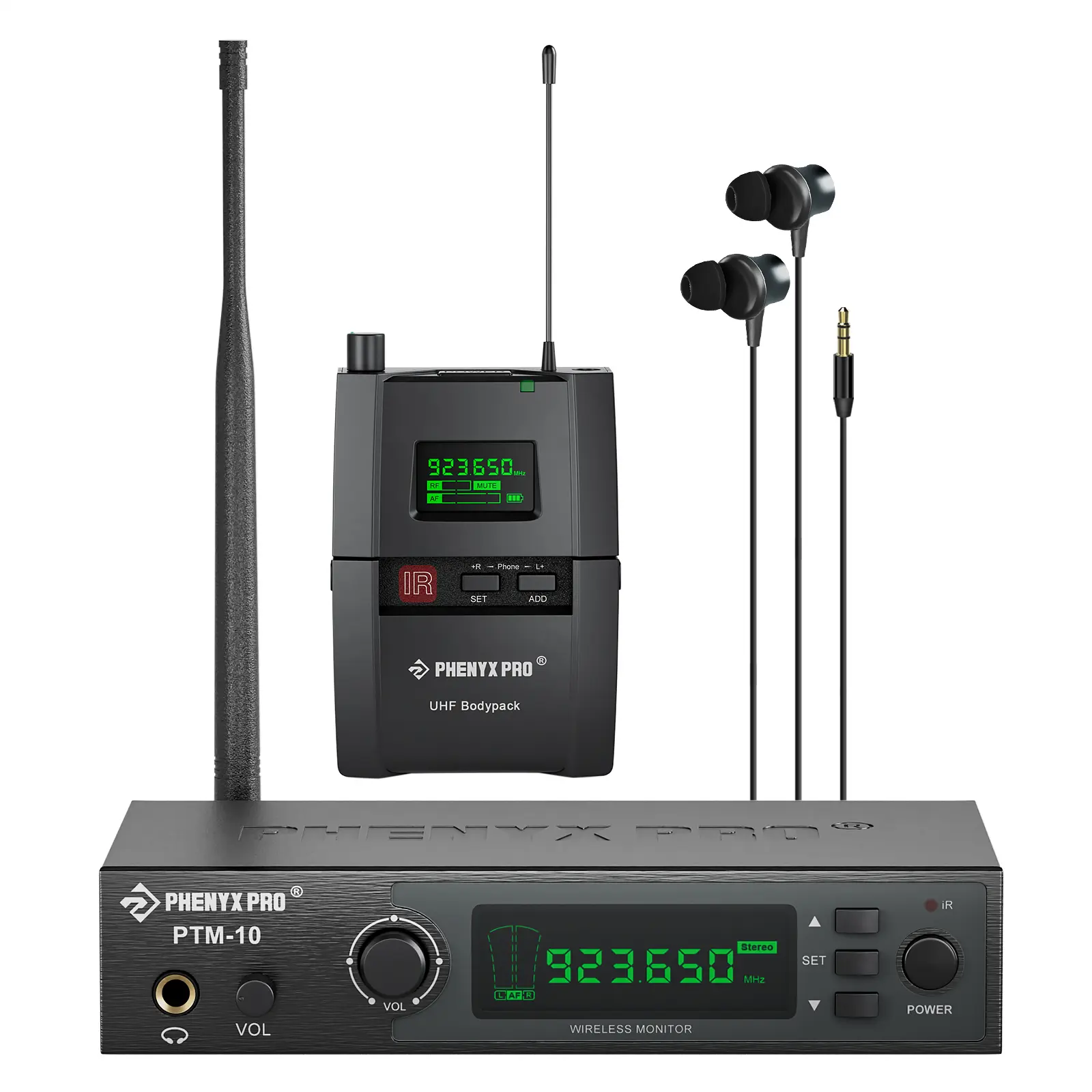 Phenyx Pro PTM-10-1B UHF Stereo Wireless In-Ear Monitor System - Wireless Radio Kit, Rack Mountable IEM Kit, 900MHz Selectable Frequency, 160ft Range, UHF Antenna, Headset-Compatible for Stage, Studio, Adults
