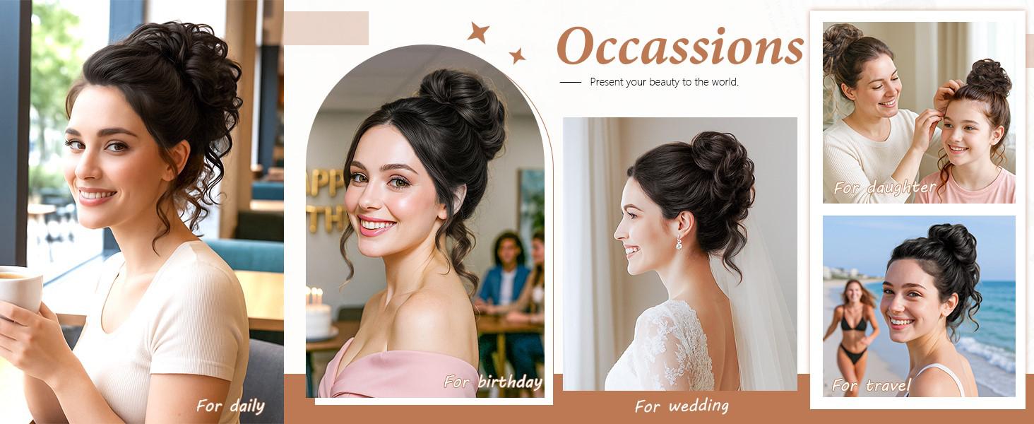 2PCS Messy Bun Hair Pieces Wavy Curly Synthetic Updo Chignon Fake Scrunchies Ponytail Extension for Women