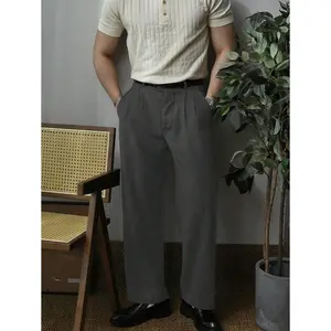 Men Plain Color Pleated Straight Leg Formal Suit Pants Casual Fabric Grey Menswear Trouser Polyester