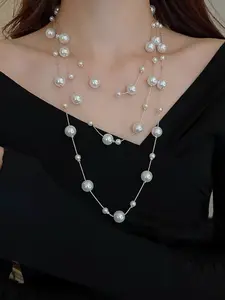 Multiple Size Faux Pearl Decorated Long Necklace for Women for Gift, Sweater Chain Necklace, Fashion All-match Accessory for Girl, Faux Pearl Jewelry