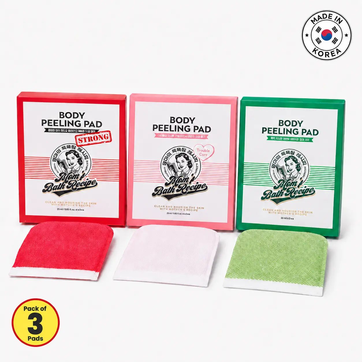 Mom’s Bath Recipe 3-Variant Body Peeling Pad Set – Original, Strong & Trouble Care, Korean All-in-One Bubble Body Wash & Exfoliating Scrub Gloves with Honey & Yogurt, Kelp & Biotics, BHA & Cica for Smoother-Looking Skin Skin Repair