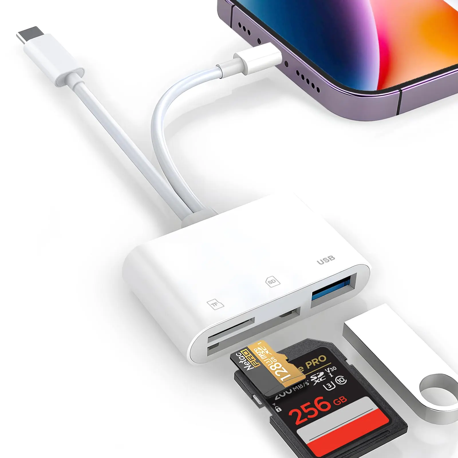 Aluminum-ABS Lightning & Type-C Dual Port Card Reader Adapter for iPhone/iPad/USB-C Devices - No App Needed, Plug-and-Play, Camera Photo Video Viewer (Compatible with iPhone 12-17, Memory Card Supported)