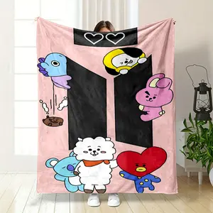 BT21 Themed Blanket, a Collection of Cute Cartoon Characters. The blue-purple fish, yellow-black puppy, pink rabbit, cute lamb, little bear and red heart characters gather together. The funny i