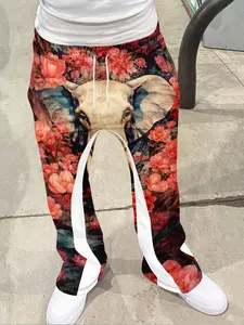 Elephant Floral Print Bell Bottoms, Bohemian Style Casual Pants, Fitted Geometric Pattern, All Seasons Wear, Women's Fashion