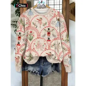 Women's All Over Print Round Neck Pullover, Casual Long Sleeve Crew Neck Sweatshirt for Fall & Winter, Women's Clothes for Daily Wear