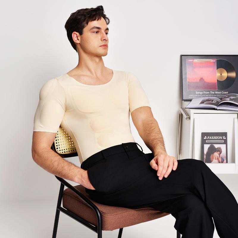 【Nebility】 Men’s Invisible Seamless Muscle-Enhancing T-Shirt with Removable Muscle Pads and Light Compression Function, Suitable for Everyday Wear, Cosplay, and Special Occasions