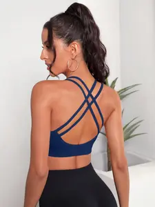 Women's Solid Cross Back Sports Bra, Breathable Comfortable Seamless Sports Bra, Ladies Sportswear for Indoor Outdoor Wear, Yoga Activewear, Workout Bras, Criss Cross Bra, Gym Workout Wear, Gymclothes, Strappy Workout Bra