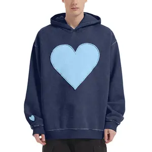 【US Shipping】FAIABLE Acid Washed Hoodies for Men - Stylish Pullover with Heart Patch, Long Sleeve Essentials Hoodie for Couples, Perfect for Relaxed Casual Outfits - Ideal for Casual Outings and Streetwear Fashion