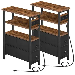 HOOBRO End Table with Charging Station, (Set of 2) Narrow Side Table with Fabric Drawers, Slim Nightstand with Storage, Thin Bedside Table, Compact Sofa Table for Living Room, Bedroom, Small Spaces, Rustic Brown and Black