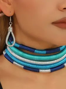 2 Piece Set Bamboo Gold Wire Necklace Earrings, Boho Style, Colorblock Design, Perfect for Outdoor Parties, Women's Jewelry