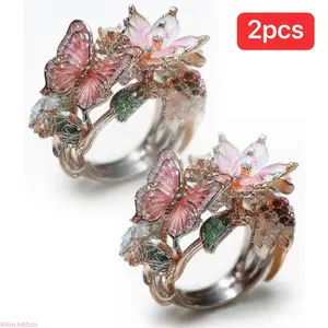 Women's 2Pcs 2026 New Euro Colorful Enamel Butterfly Flower Cluster Open Rings, US-Designed Light Luxury Cute Summer Daily Wear Fashion Accessories, Flower Cluster Rings