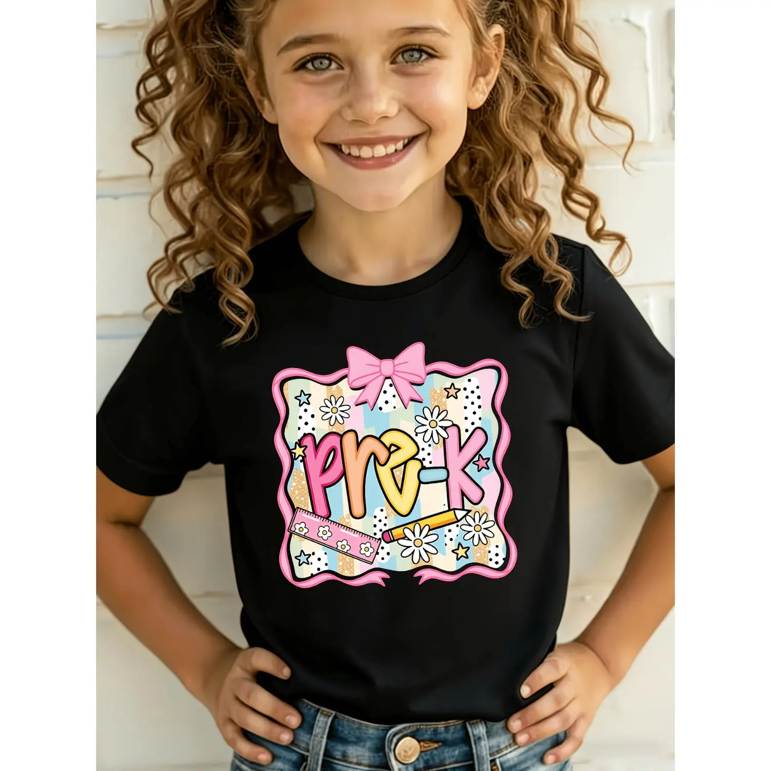 YBY Girls' Pre-K Bow & Alphabet T-Shirt - Colorful - Letter Print Round Neck Top, Machine Washable Spring Summer School Outfits Suitable for to, Back-to-School Season Clothing