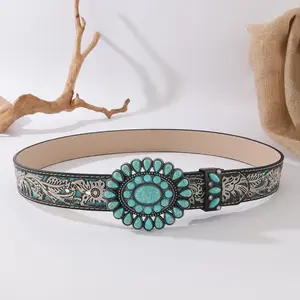 Women's Bohemian Style Waist Belt with Turquoise Alloy Buckle, Vintage Fashion Accessory for Ladies, Elegant Design for Daily Wear