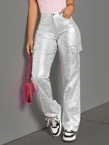 Apperloth Studio Silver PU Long Pants Street Style Trousers