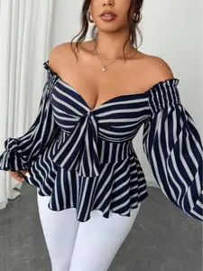 Women's Plus Size Elegant Vintage Casual Striped Back Tie One Shoulder Front Knot Long Sleeve Shirt Top Blouse, All Seasons Fashion