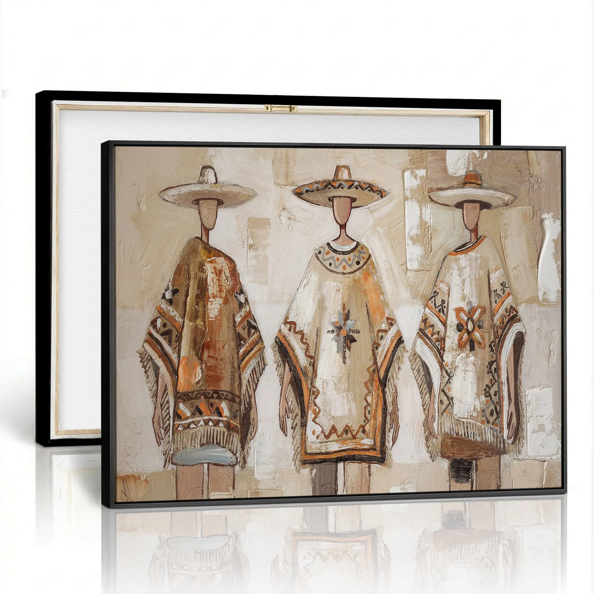 Mexican Folk Art Canvas Wall Art, Charro Poncho Sombrero Painting Print, Neutral Beige Boho Decor, Southwestern Impasto Style, Living Room Art