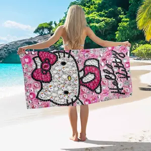 Sanrio Hello Kitty Diamond Applique Glitter Beach Towel Pink & White Sparkling Design for Summer Fun Perfect for Poolside & Beach
