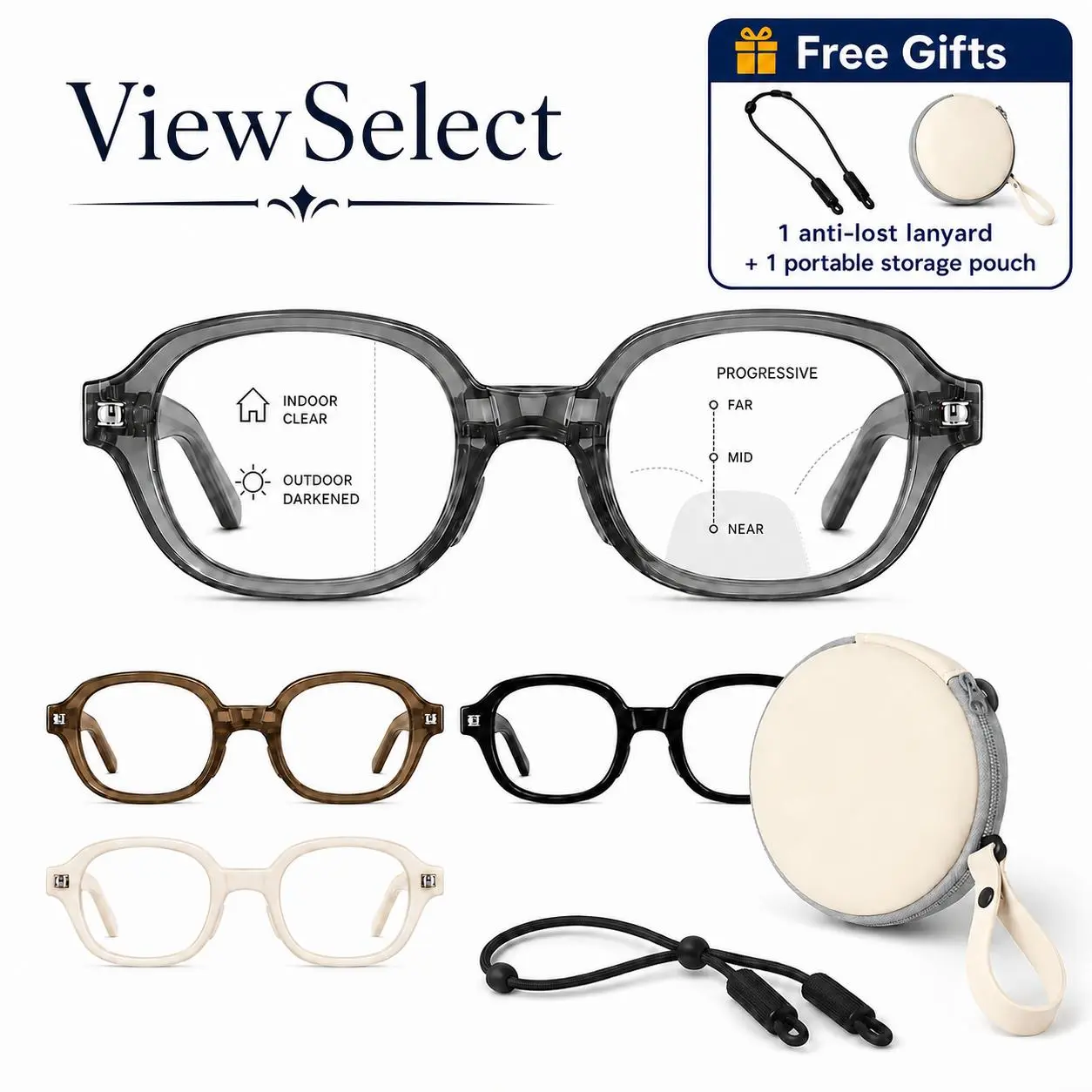ViewSelect Foldable Photochromic Progressive Multifocal Reading Glasses, Light-Adaptive Indoor Outdoor Readers with Flexible Temples, Portable Storage Pouch & Anti-Lost Lanyard Included