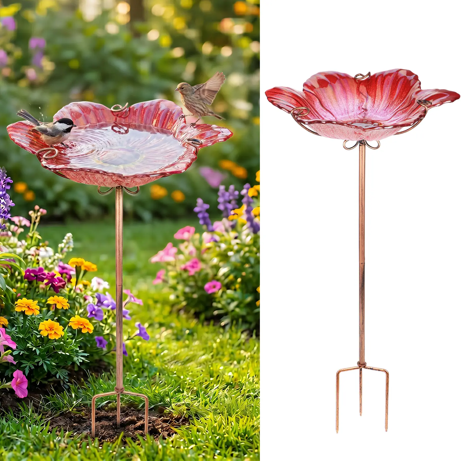 MUMTOP 12-Inch Outdoor Glass Bird Bath with Metal Stake, Pink Garden Bird Feeder, Decorative Garden Accessory, Bird Supplies, Outdoor Garden Accessories Yard Backyard