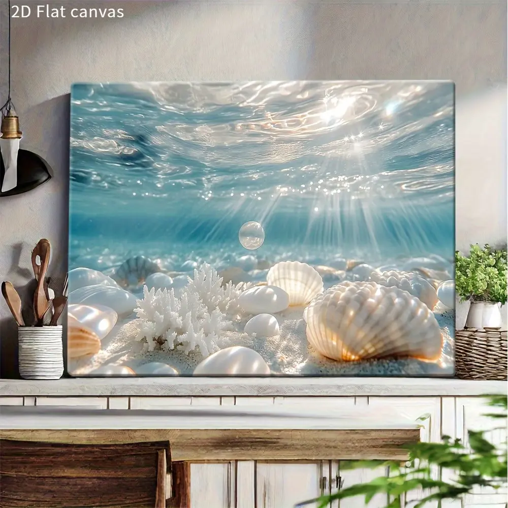 1pc Classic Artistic Wood-Framed Canvas Print - Colorful Style Underwater Ocean Coral Wall Art with Turquoise, Sunbeam Hues, Coral Reefs, Seashells - Coastal Decor for Living Room - Ready-to-Hang Wrapped Painting - Ideal Housewarm Gift, Decor Inspo, Hanga