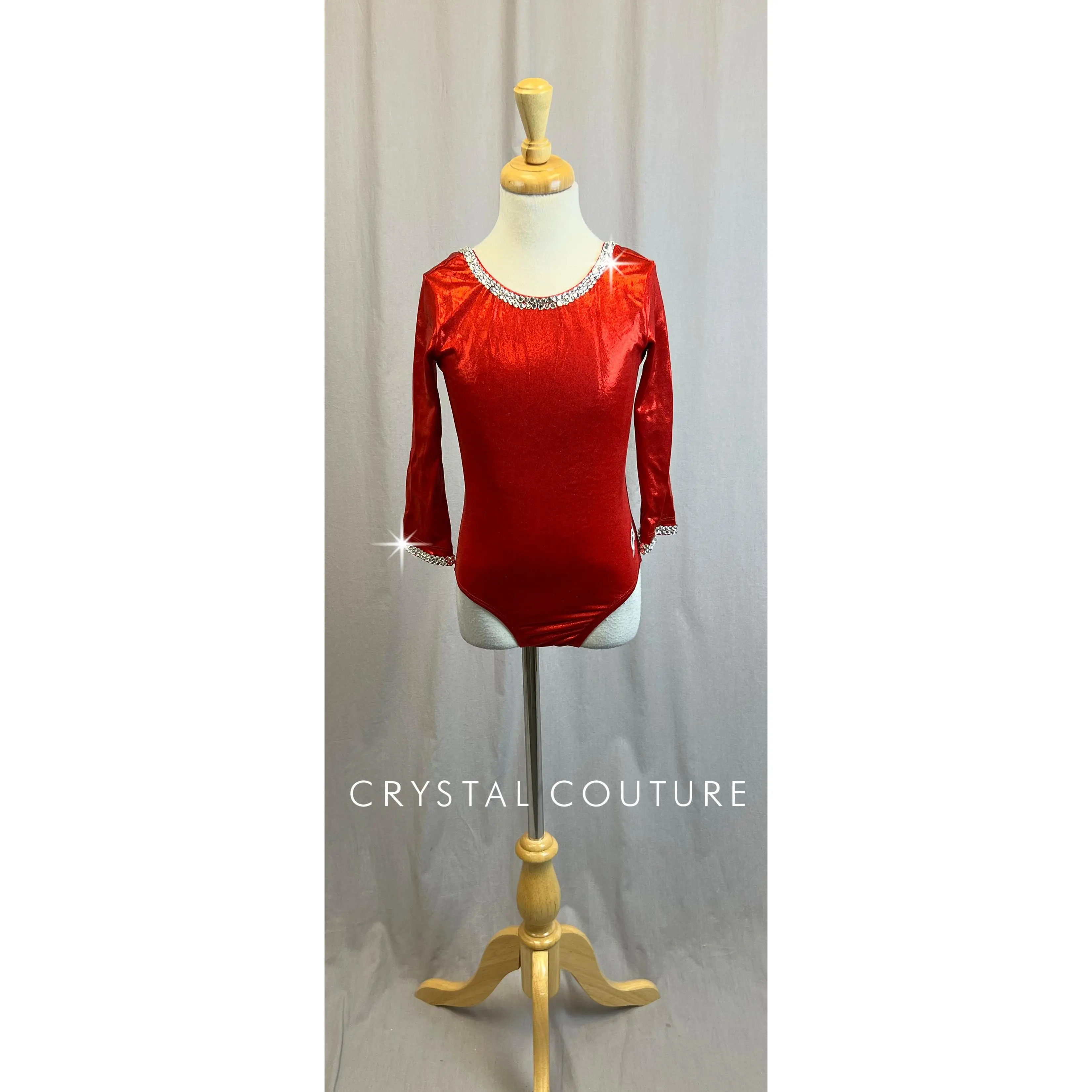 Red Metallic 3/4 Sleeve GK Leotard - Rhinestones