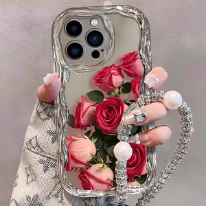 Temperament Red Rose Phone Case for 16/15/14/13/12/11 Pro Max, Anti-drop Electroplating Cream Wave Phone Casing for Women Girls