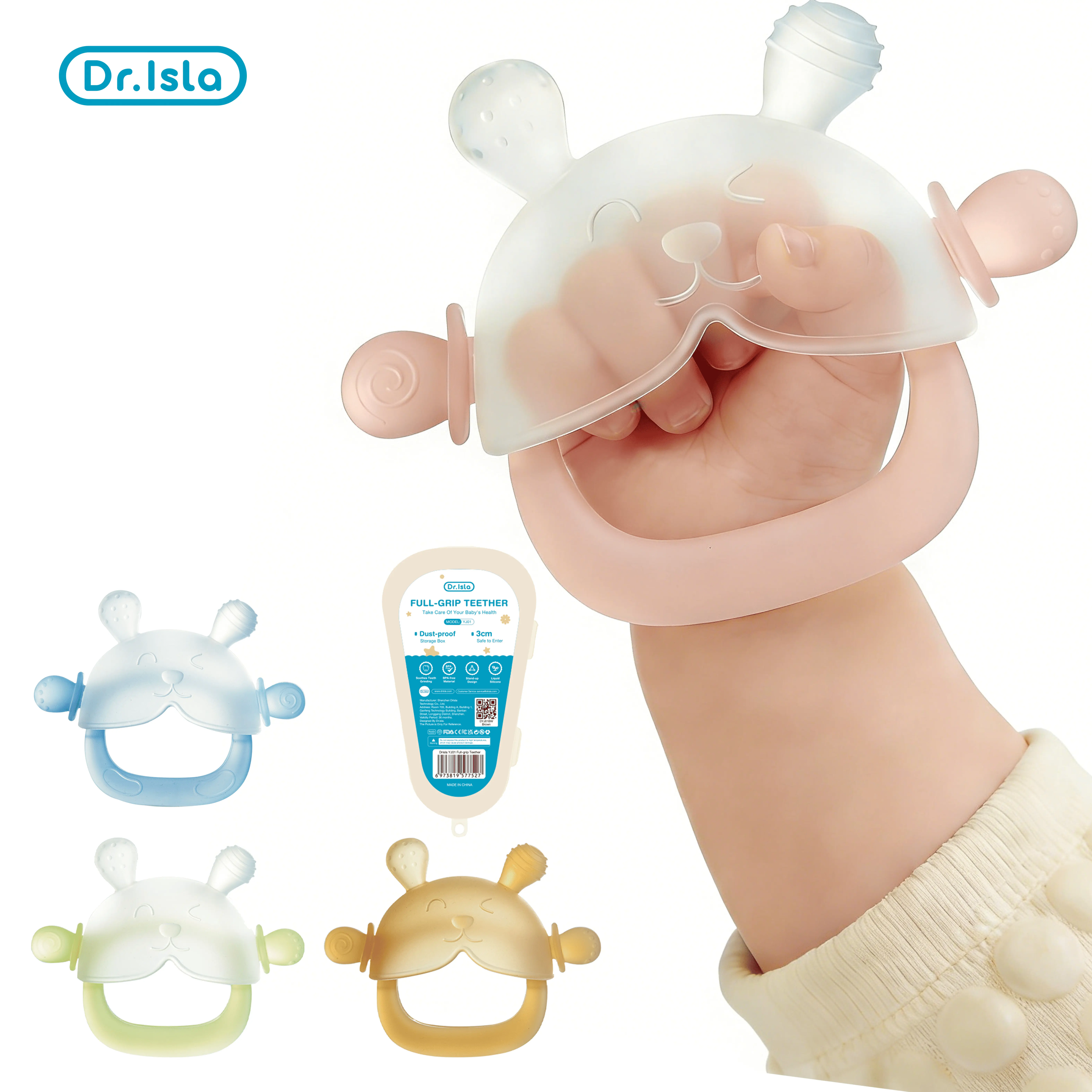 Dr.Isla Bunny Baby Teether Mitten - No Gagging & Nano Plasma Anti-Dust, BPA FREE Food Grade Silicone, Wearable Anti-Falling Wristband Design, Learning Grasping Toy for 3-18 Months Baby, Sensory Teether & Baby Items, Infant,  Animals, Bunny Ears
