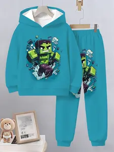 Minecraft Style Hoodie Set with Geometric Pattern, Casual Fitted Short Pants, Perfect for Daily Wear & Home Entertainment