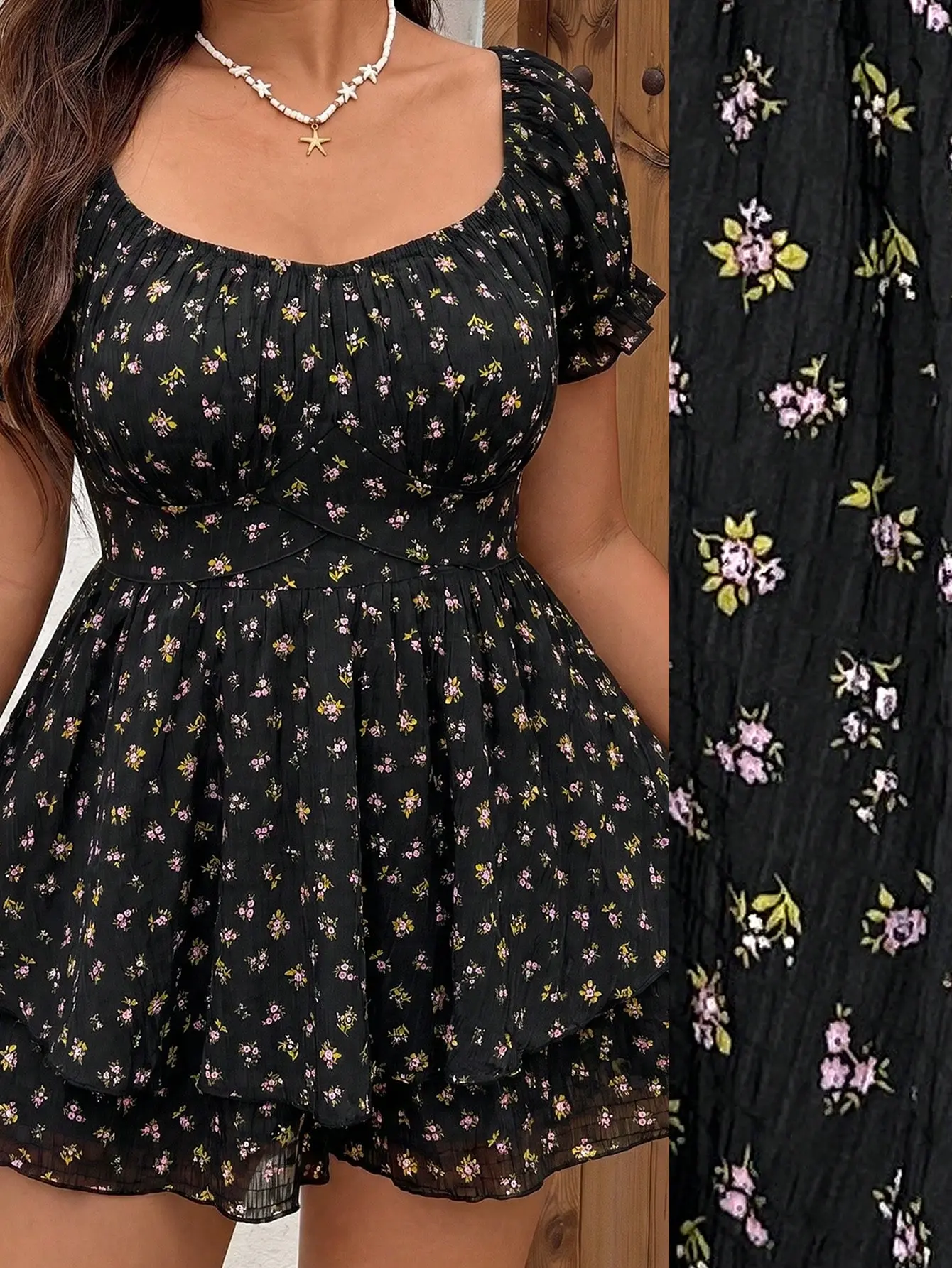 VYNCE Plus Size Women Casual Vacation Ditsy Floral Romper With Layered Hem Trendy Flattering Easy Wear Summer Beach Jumpsuit