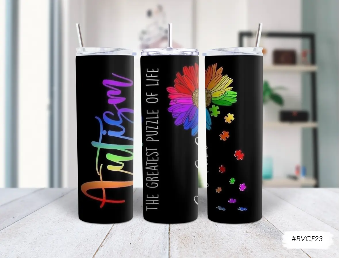Autism Awareness High Gloss Smooth Print Metal Stainless Steel Insulated Water Bottle - 20oz, 8.5in Tall, Leak-Proof, Portable, Plastic-Infused, Straw Cap, Secure Lid, Picnic Indoor/Outdoor Reusable Tumbler, 8.5" Tall