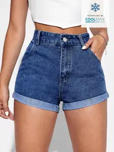 Deep Blue Washed Denim Shorts, High-Waisted Turn-Down Design, Breathable Punk Style, Summer Essential, Loose-Fit Patchwork Shorts