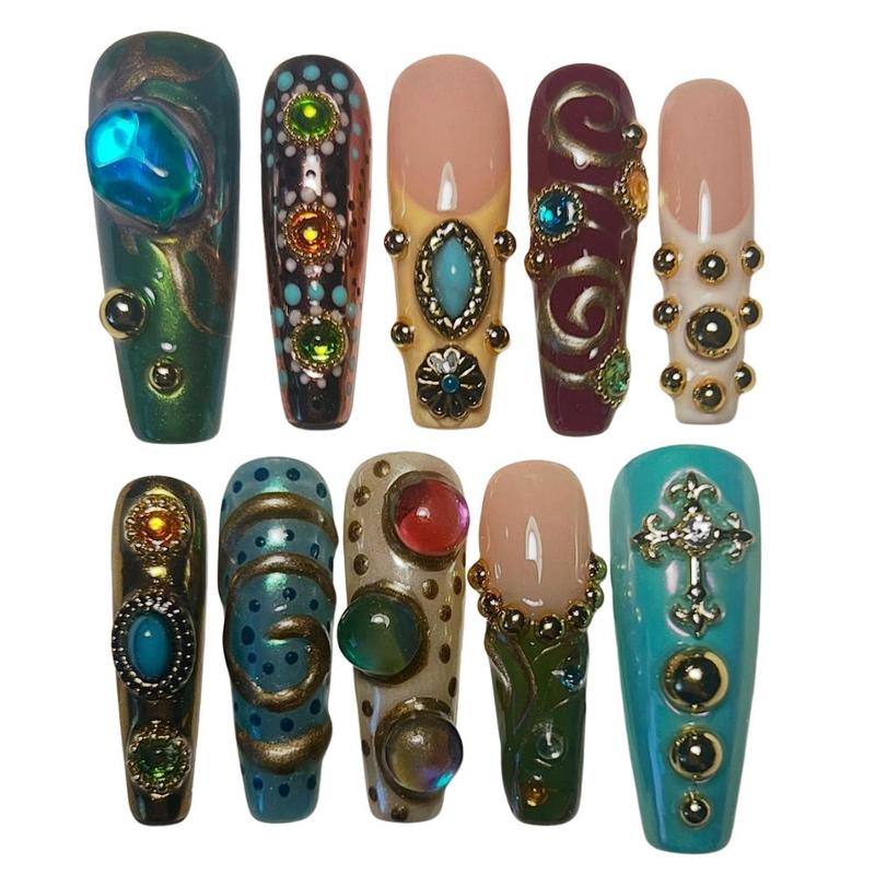 Luxury Gemstone Press On Nails – Long Coffin Green Blue Gold Burgundy Fake Nails with Rhinestone Cross 3D Jewel Baroque Nail Art for Women