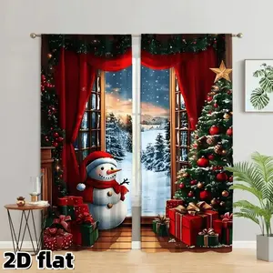2D Flat 2Pcs Christmas Window Curtains Snowman Santa Tree Scene Design Red Festive Drapes Holiday Winter Snow Thermal Insulated Decorative Curtain Panel for Living Room Bedroom Home Decor Gift Box Accessory