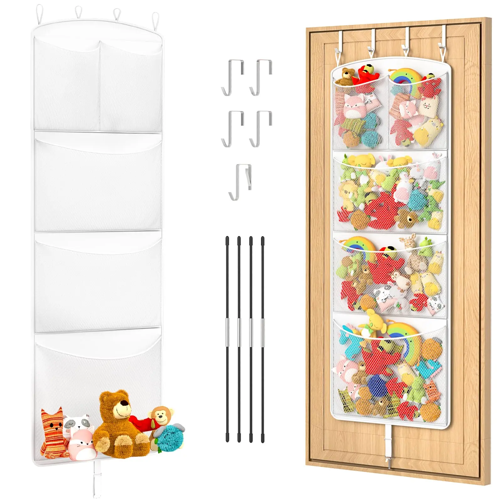 Stuffed Animal Storage Hammock - Over The Door Hanging Organizer & Plush Holder With Metal Hooks Support Bars  Capacity Mesh Net For Easy Access Room Playroom/nursery White