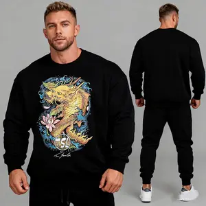 Mens Sweatshirt Bedazzled Graphic  Crewneck Streetwear Dragon Long Sleeve Pullover Fall & Winter Streetwear Men's Embroidered Graphic Vintage Black Sweatshirt with Bold Golden Dragon & Lotus Tattoo Art Print | Streetwear Aesthetic Graphic Pullover for Men