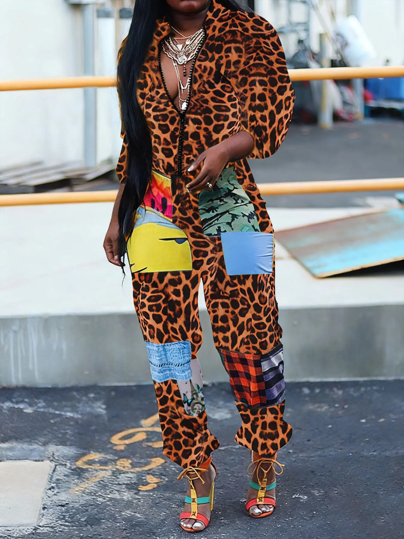 Women's Leopard Pattern Patchwork Colorblock Top & Pants Set, Casual Fitted Two-Piece Outfit for Fall Winter, Stylish Comfortable Clothing