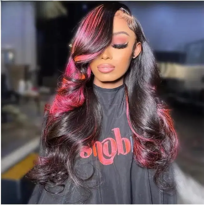 Ombre Pink With Black Colored Body Wave Wigs Human Hair 180% Density 1B/Pink Highlights Water Wave 13x6 Lace Front Wig