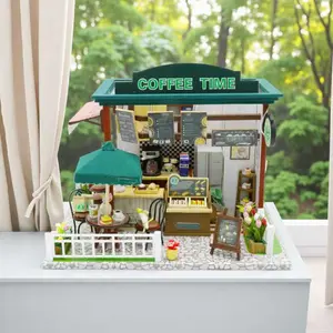 DIY Wooden House Model Kit, Creative Birthday Christmas Gift for Ages 14+, Coffee Time Room Building Set, Five Design, Miniature Set