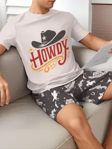 Men's Cartoon Print Tee & Shorts Pajama Two-piece Set, Regular Fit Casual Comfy Round Neck Short Sleeve T-shirt & Shorts PJ Set, Men's Sleepwear for Summer