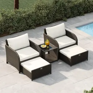 Beige 5-Piece All-Weather Rattan Wicker Patio Furniture Set, Outdoor Conversation Sofa with Tempered Glass Table, Thick Cushions & Ottomans for Backyard Porch Balcony Garden