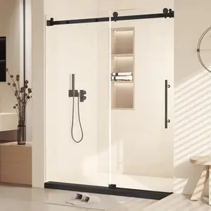 60" W x 76" H Frameless Glass Shower Door with 3/8"(10mm)，Sliding Tempered Glass Shower Doors for Walk in Shower,Easy to Clean,Square Tube Nickel, Black