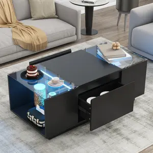 Led Coffee Table, Modern Center Table with High-Gloss Finish and Glass Tabletop, Coffee Table with Open Storage Compartment and 2 Hidden Drawers  for Living Room