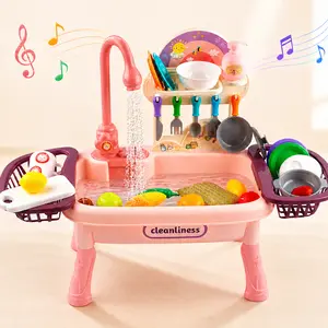 Kids Play Sink Toy for Toddlers, Pretend Kitchen Sink Set with Running Water Faucet, Play Dishes, Utensils, Play Food & Dish Drying Rack, Dishwashing Role Play Toy for Boys Girls