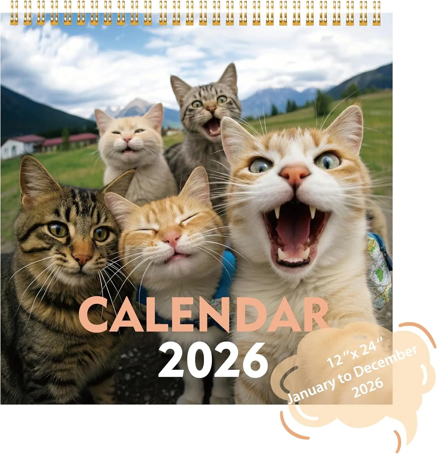 Cat Wall Calendar 2026, Funny Cat Selfies, Cute Cats and Kittens Calendar | 12" x 24" Open,Thick & Sturdy Paper, Holidays Highlighted, Vivid Printing, Gift for Cat Lovers, Men, Women, Kids