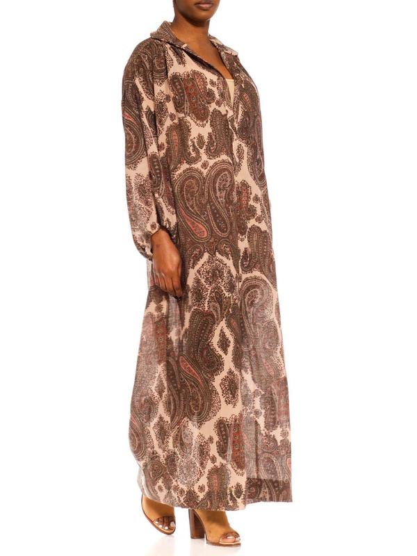 1970S GLORIA VANDERBIL Cream & Olive Green Paisley Poly Blend Boho Shirt Dress With Belt