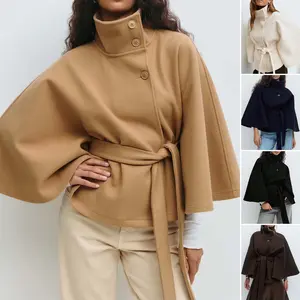 Women's Batwing Sleeve Poncho Coat Oversized Winter Pea Coat Stand Collar Cropped Cape Jacket with Belt