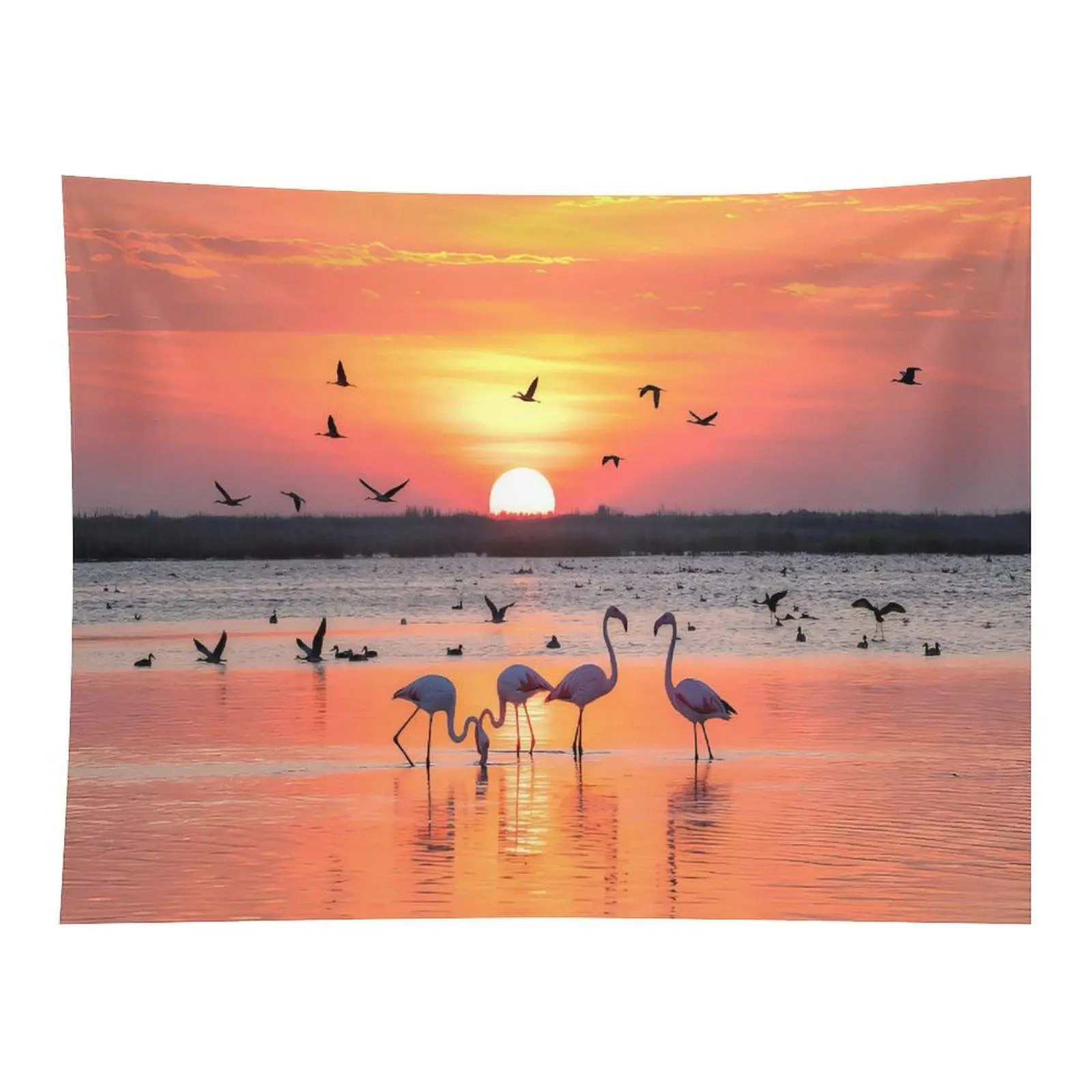 Sunset Lake Pink Flamingos Silhouette Wild Bird Orange Sky Wall Tapestry Wall Hanging, Serene Wetland Wildlife Peaceful Sunset Landscape Decor for Calm Bedroom Dorm Ornament