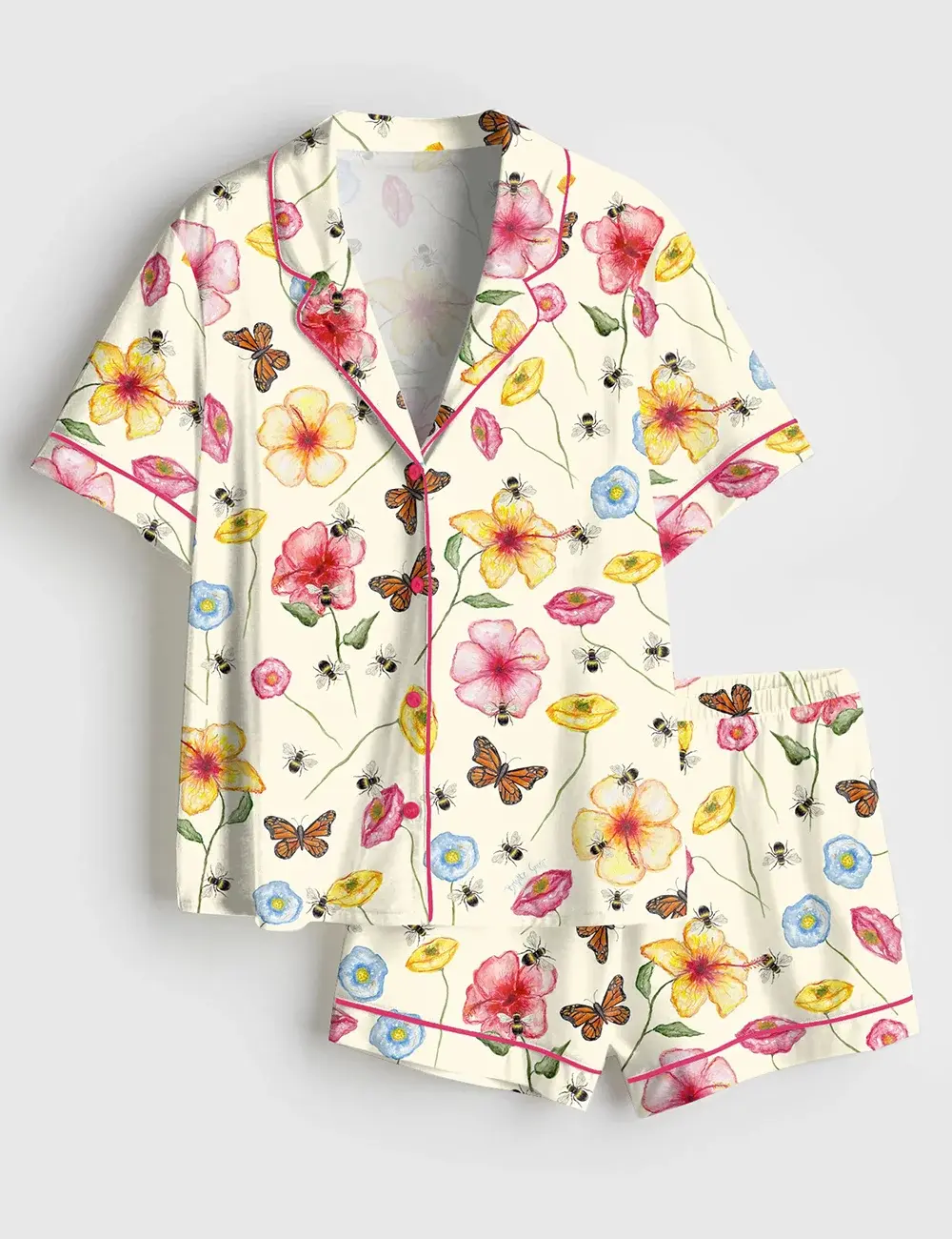The Butterflies And Bees Print Short and Long Sleeve Pajama Set, Sleepwear for Women