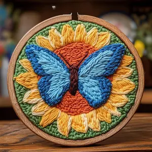DIY Punch Needle Kits Butterfly on Sunflower Embroidery Punch Needle Starter Craft with Hoop Easy for Beginners for Festival t and Decoration 20x20cm-1